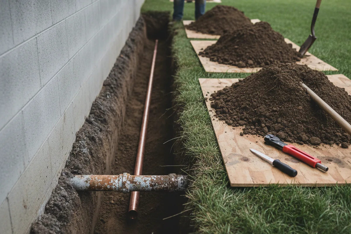 Excavated water line trench during Water Heater Repair in Somerset